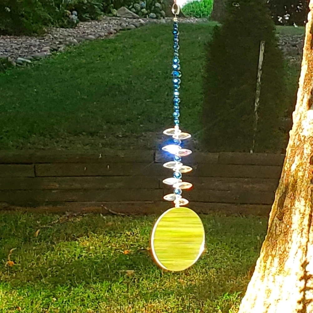 42" SUNCATCHER Blue Czech Glass & Crystal Beads & Mirrors Handmade Original